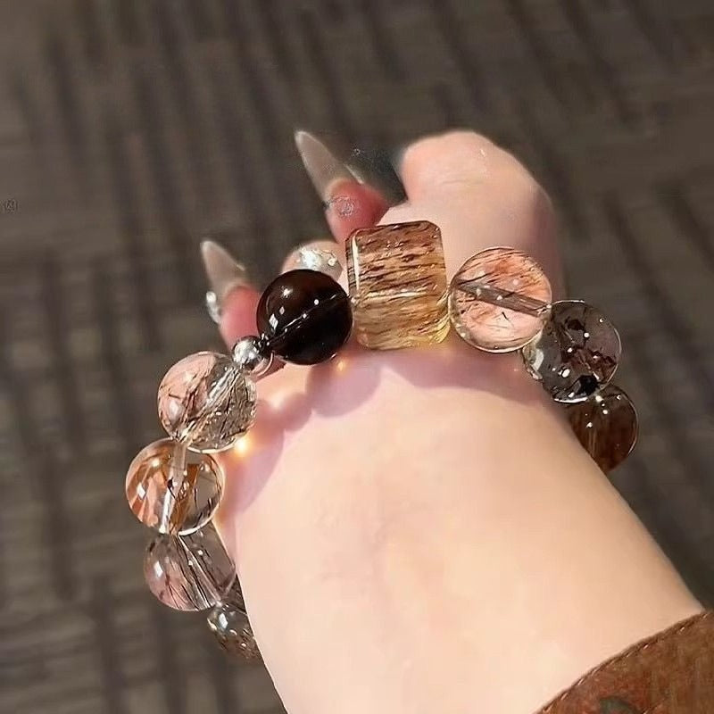Natural Golden Rutilated Quartz Bracelet – Genuine Hair Crystal Beaded Stretch Bracelet