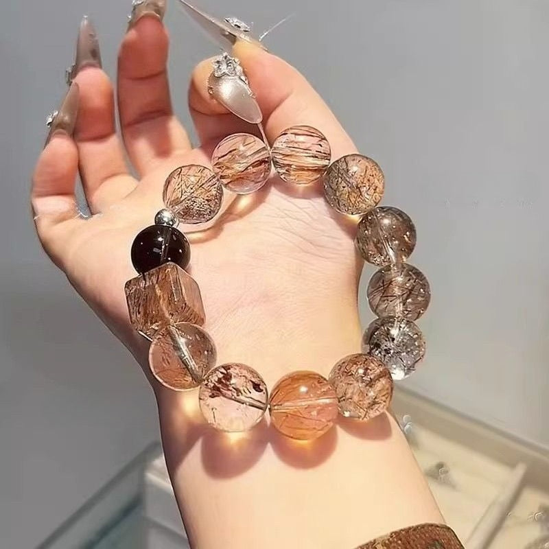 Natural Golden Rutilated Quartz Bracelet – Genuine Hair Crystal Beaded Stretch Bracelet